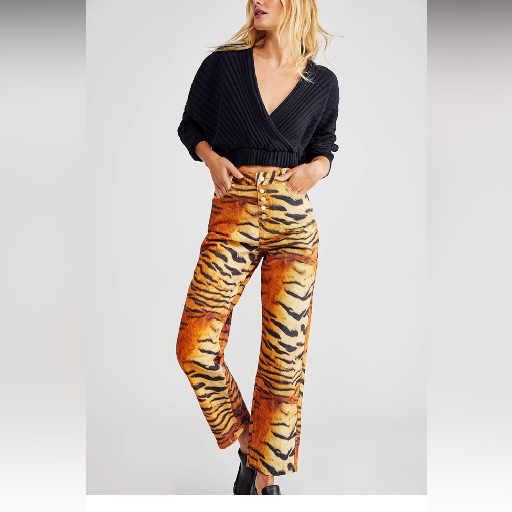 House of Sunny Tiger Print Button-Fly Pants in Orange and Black
